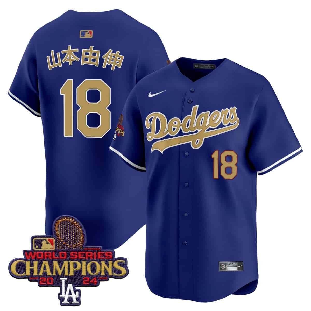 Personalized Men’s Dodgers 2025 Gold Premier Limited Jersey All Stitched Royal Yamamoto (Kanji) #18