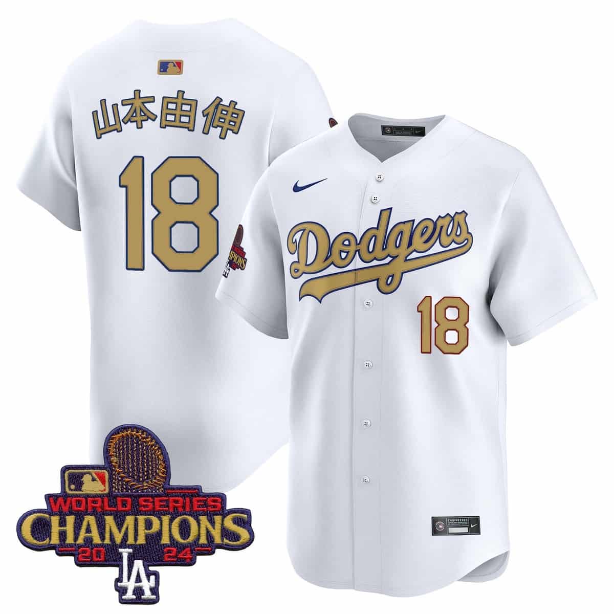 Personalized Men’s Dodgers 2025 Gold Premier Limited Jersey All Stitched White Yamamoto (Kanji) #18