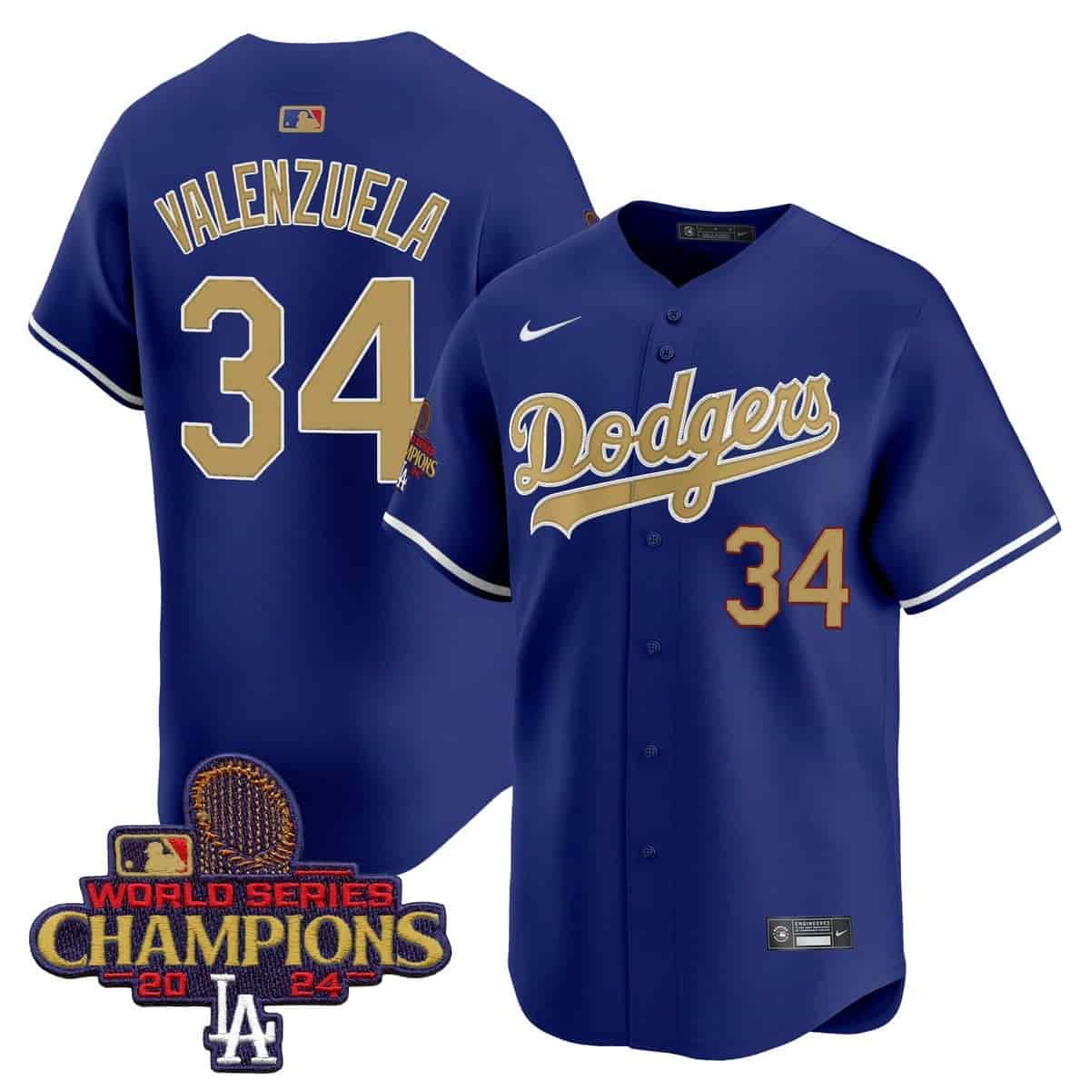 Personalized Men’s Dodgers 2025 Gold Premier Limited Jersey All Stitched Royal Fernando Valenzuela #34