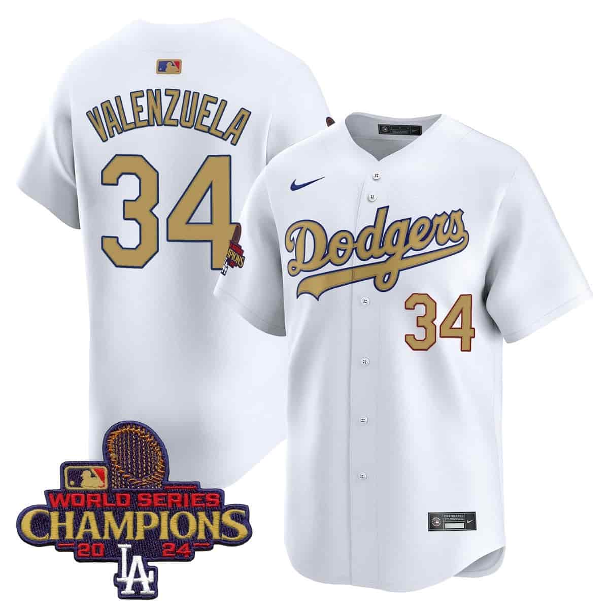 Personalized Men’s Dodgers 2025 Gold Premier Limited Jersey All Stitched White Fernando Valenzuela #34