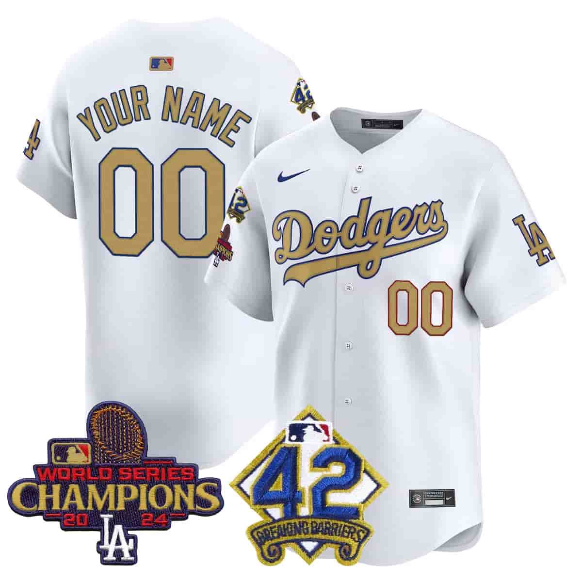 Personalized Custom Men’s Dodgers 2024 World Series Champions & Jackie Robinson Patch Premier Limited Jersey All StitchedWhite