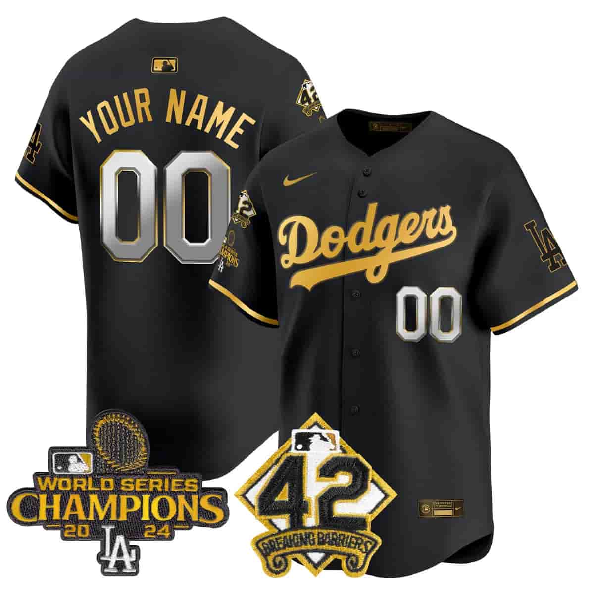 Personalized Custom Men’s Dodgers 2024 World Series Champions & Jackie Robinson Patch Premier Limited Jersey All Stitched Black Gold