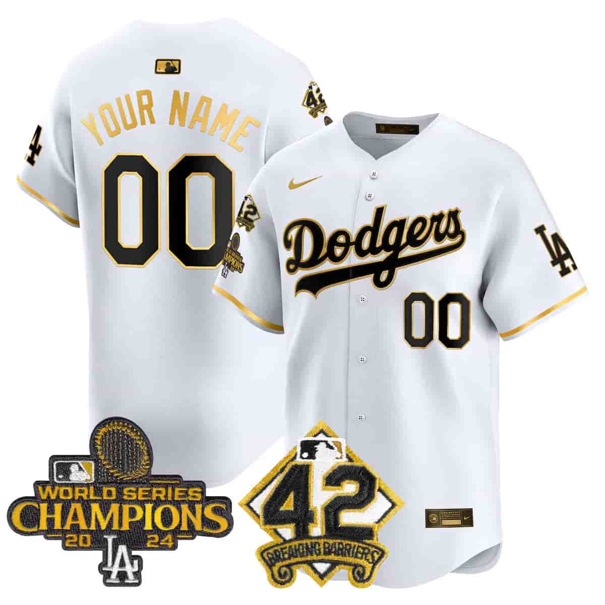 Personalized Custom Men’s Dodgers 2024 World Series Champions & Jackie Robinson Patch Premier Limited Jersey All Stitched White Gold