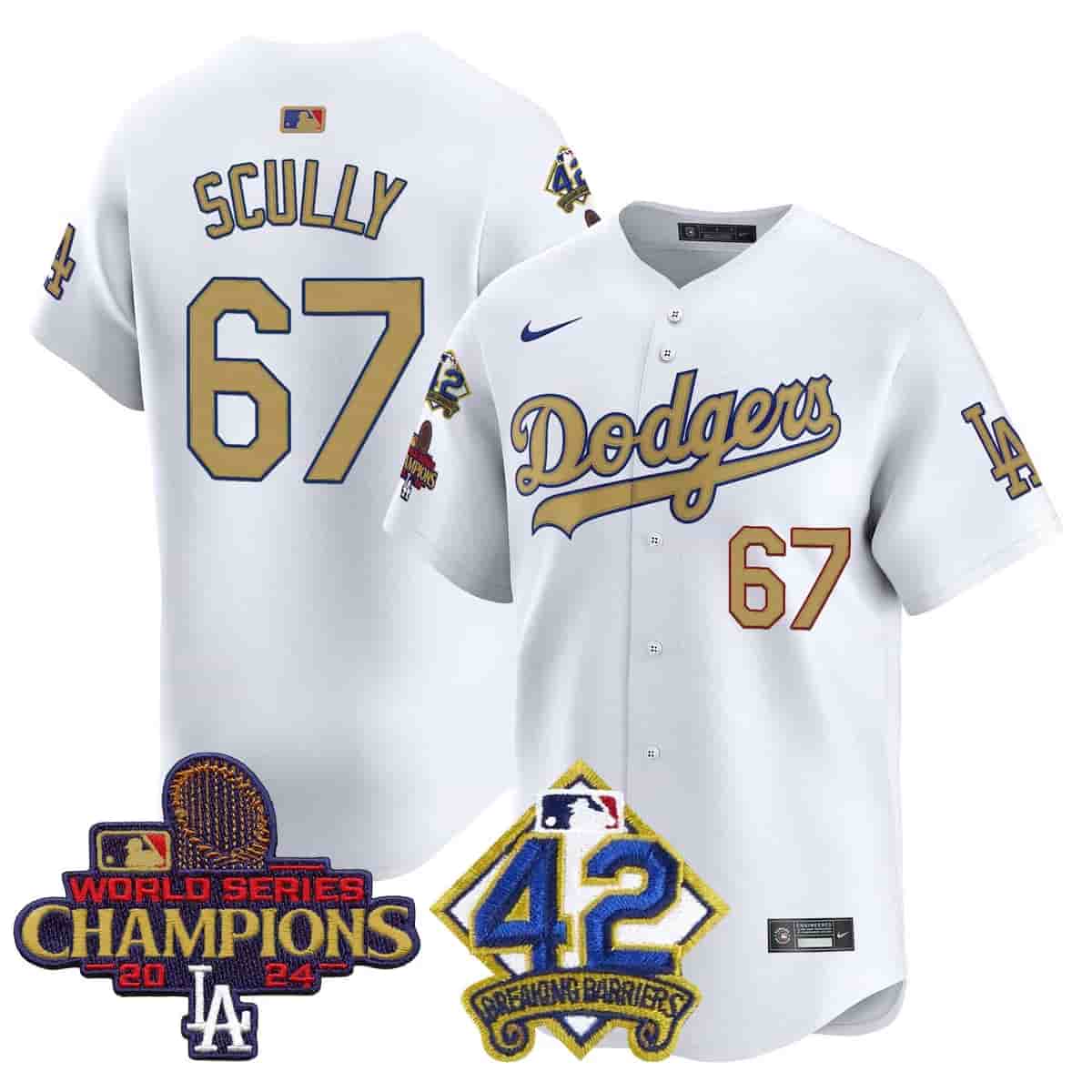 Personalized Men’s Dodgers 2024 World Series Champions & Jackie Robinson Patch Premier Limited Jersey All Stitched Vin Scully
