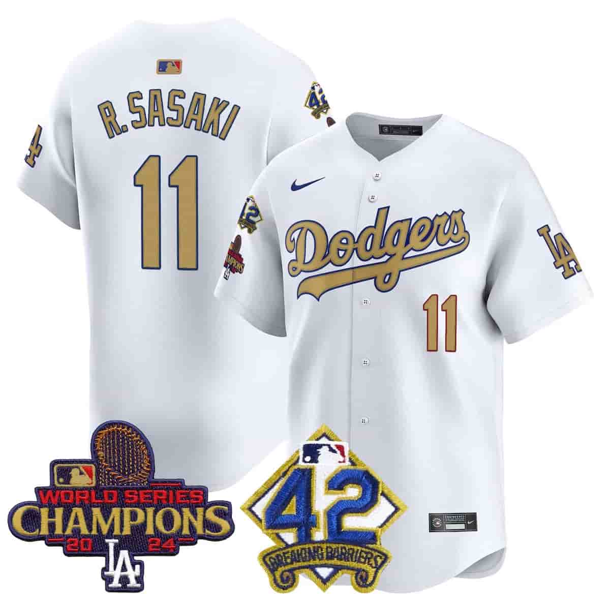Personalized Men’s Dodgers 2024 World Series Champions & Jackie Robinson Patch Premier Limited Jersey All Stitched Roki Sasaki