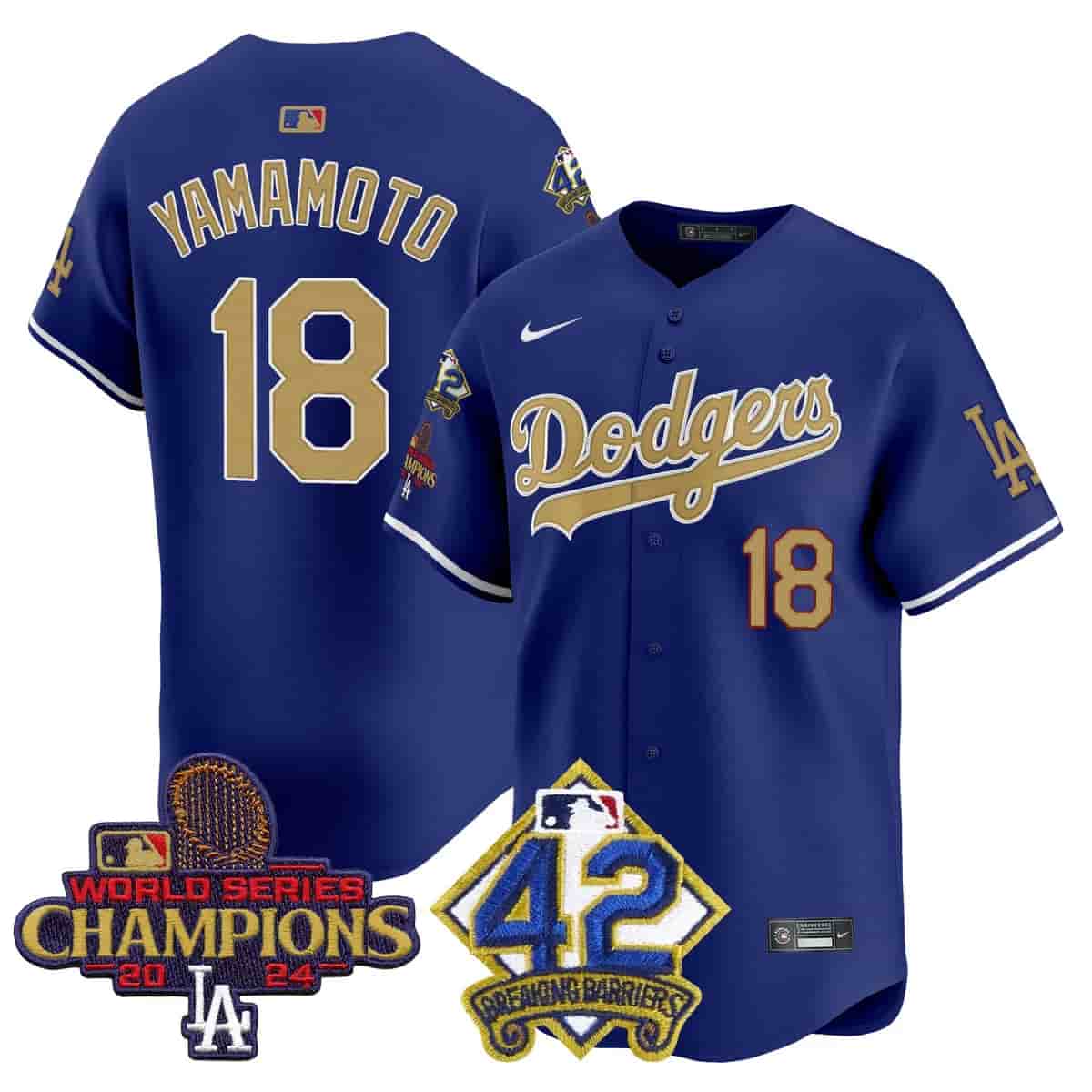 Personalized Men’s Dodgers 2024 World Series Champions & Jackie Robinson Patch Premier Limited Jersey All Stitched Yamamoto #18
