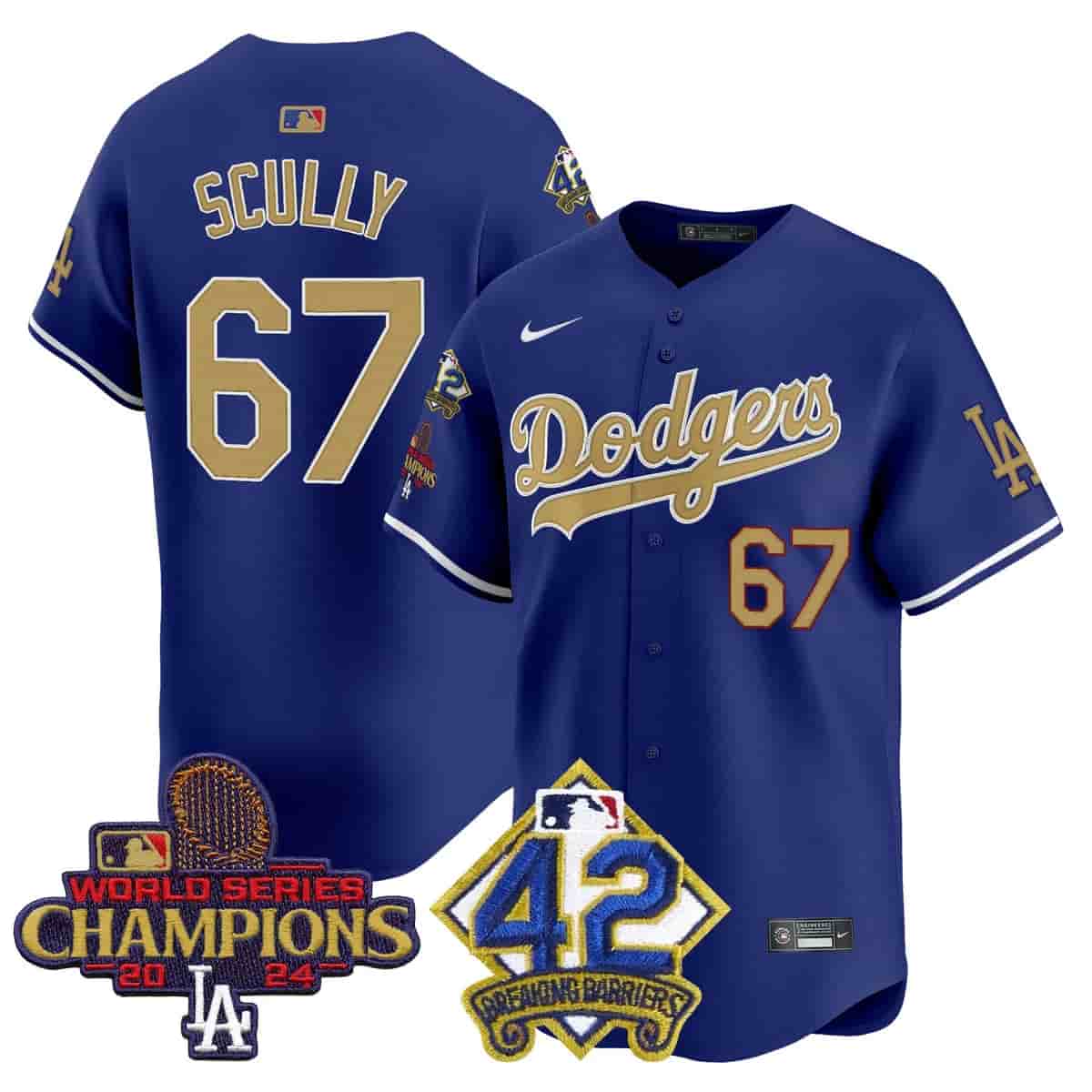 Personalized Men’s Dodgers 2024 World Series Champions & Jackie Robinson Patch Premier Limited Jersey All Stitched Vin Scully #67