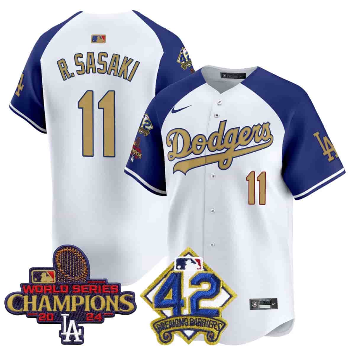 Personalized Men’s Dodgers 2024 World Series Champions & Jackie Robinson Patch Premier Limited Jersey All Stitched Roki Sasaki #11
