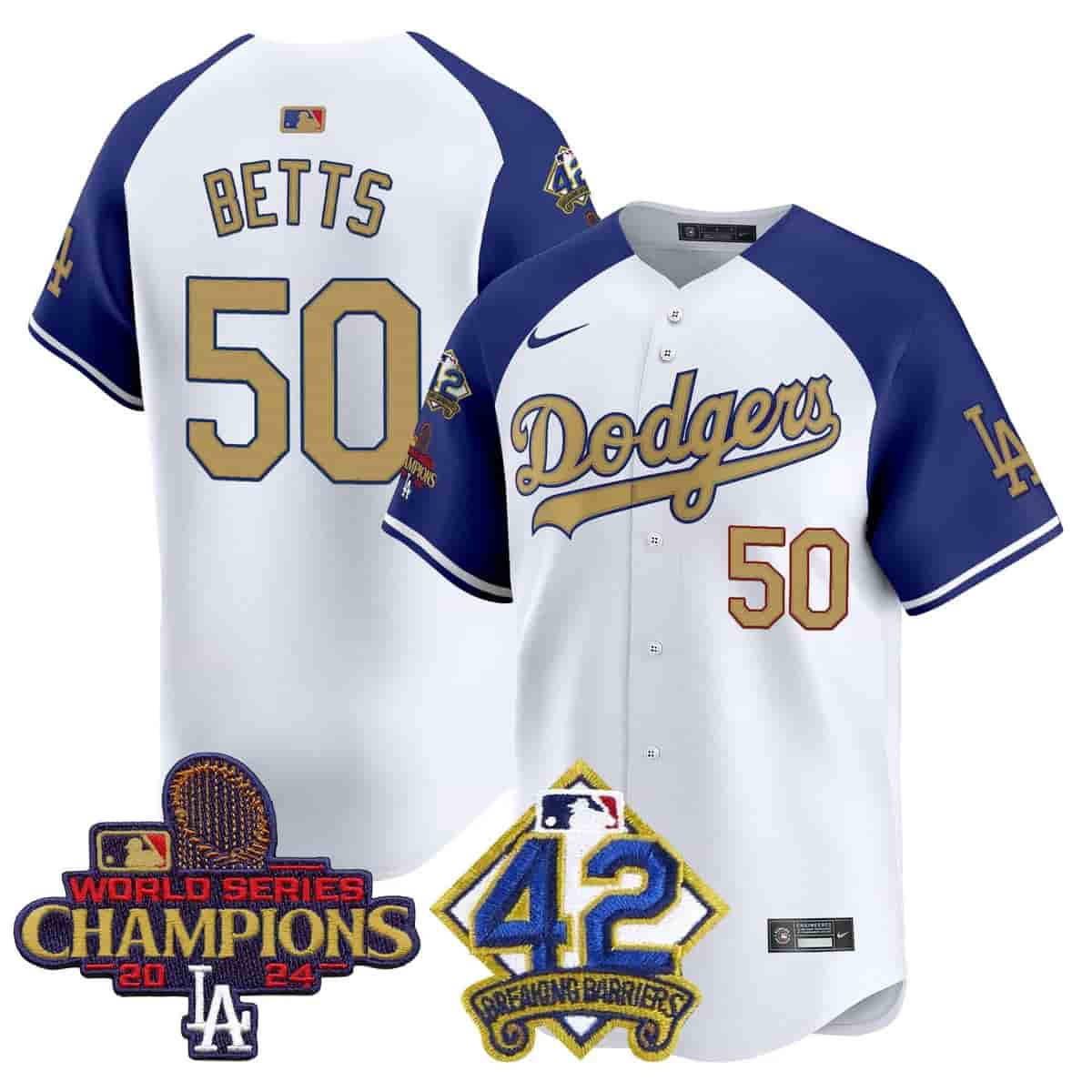 Personalized Men’s Dodgers 2024 World Series Champions & Jackie Robinson Patch Premier Limited Jersey All Stitched Mookie Betts #50