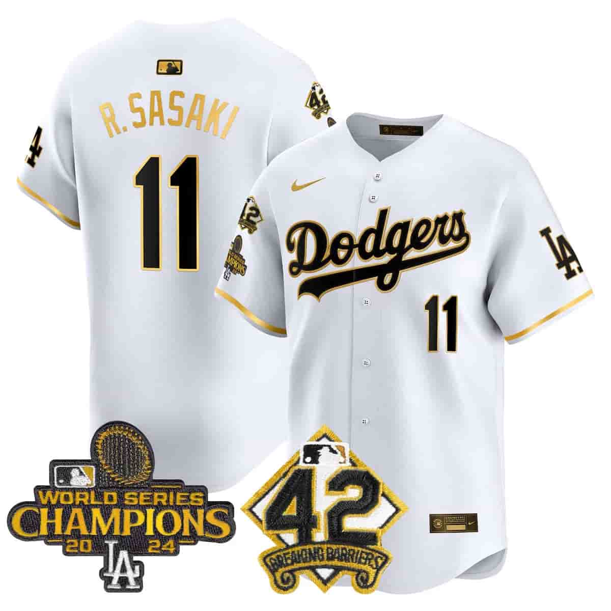 Personalized Men’s Dodgers 2024 World Series Champions & Jackie Robinson Patch Premier Limited Jersey All Stitched Roki Sasaki #11