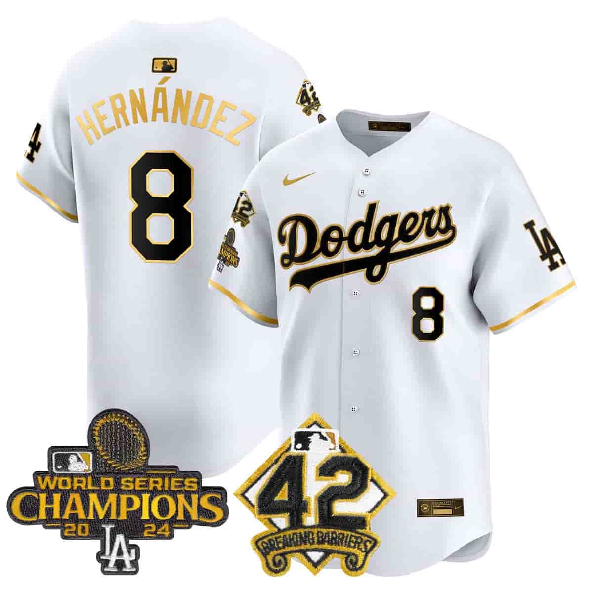 Personalized Men’s Dodgers 2024 World Series Champions & Jackie Robinson Patch Premier Limited Jersey All Stitched Kike Hernandez #8