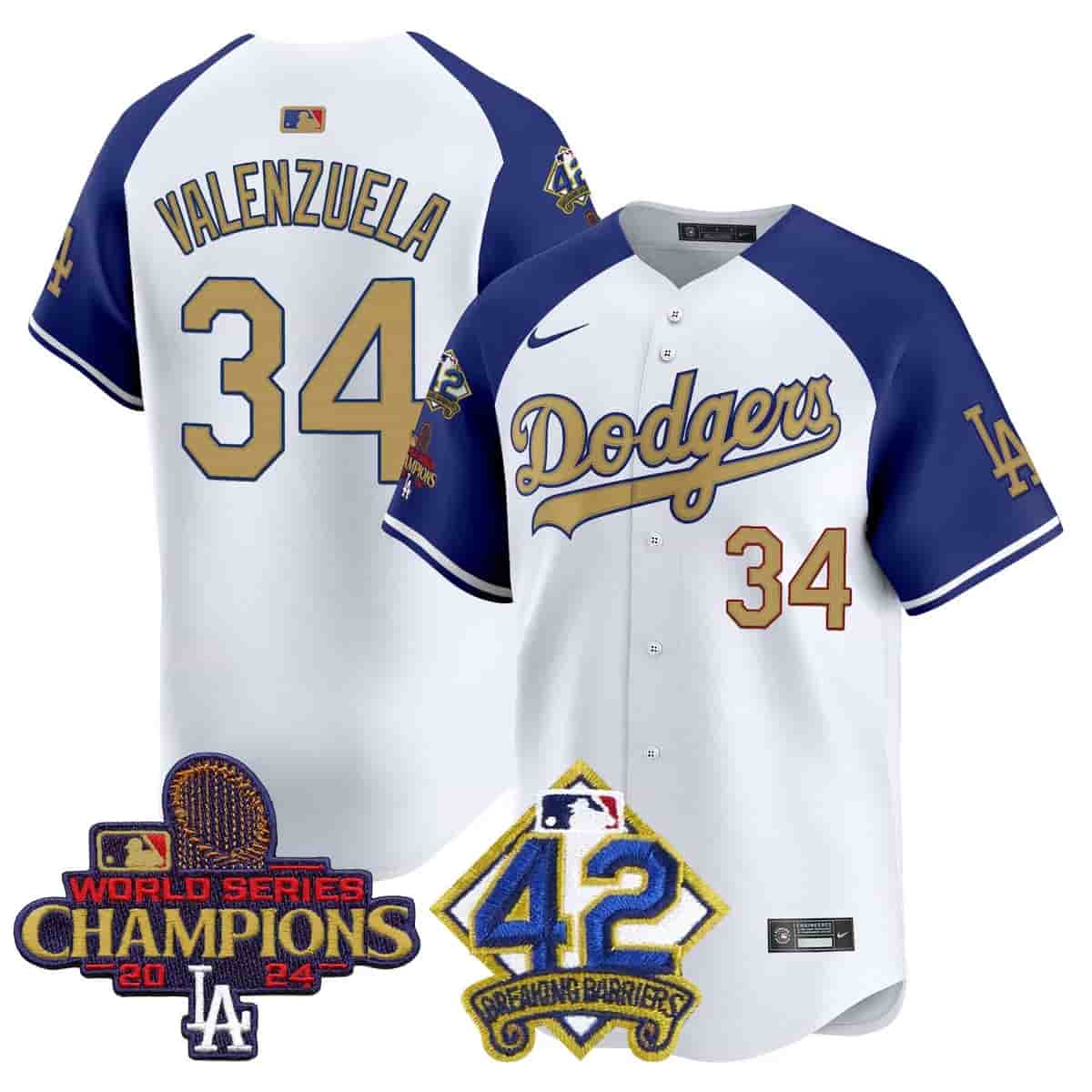 Personalized Men’s Dodgers 2024 World Series Champions & Jackie Robinson Patch Premier Limited Jersey All Stitched Fernando Valenzuela #34