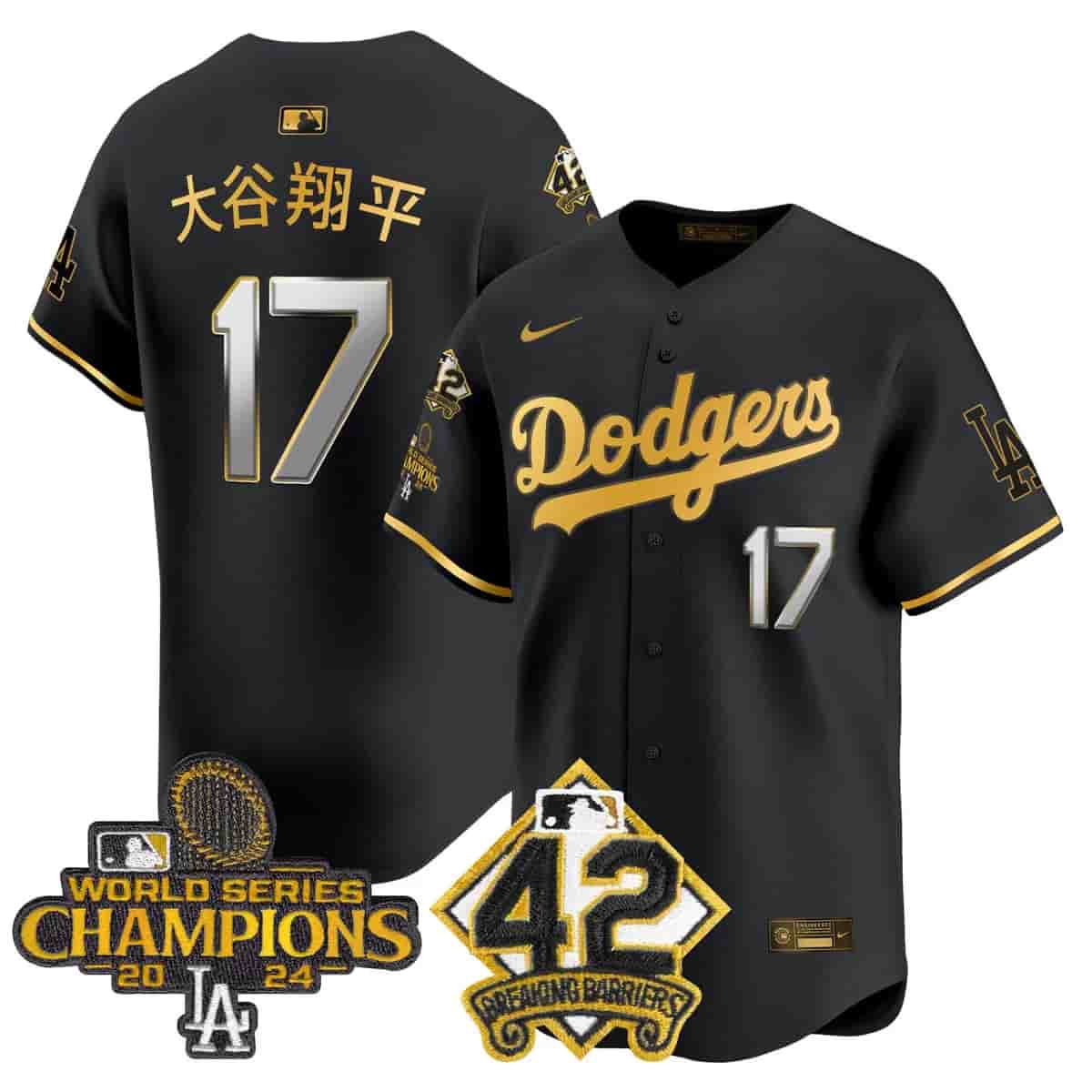 Personalized Men’s Dodgers 2024 World Series Champions & Jackie Robinson Patch Premier Limited Jersey All Stitched Shohei Ohtani (Kanji) #17
