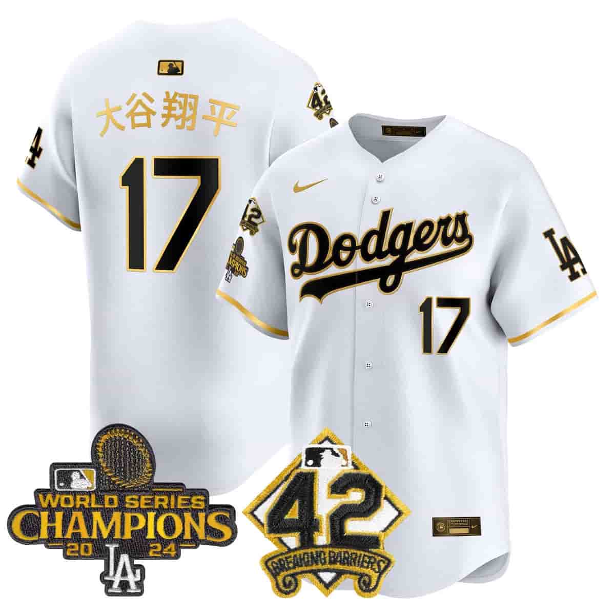 Personalized Men’s Dodgers 2024 World Series Champions & Jackie Robinson Patch Premier Limited Jersey All Stitched Shohei Ohtani (Kanji) #17