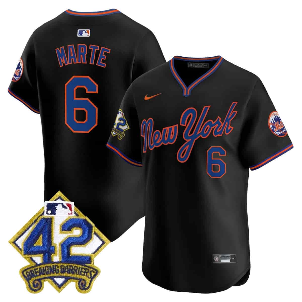 Personalized Men’s New York Mets 2025 Jackie Robinson Patch Road Alternate Jersey All Stitched Starling Marte #6