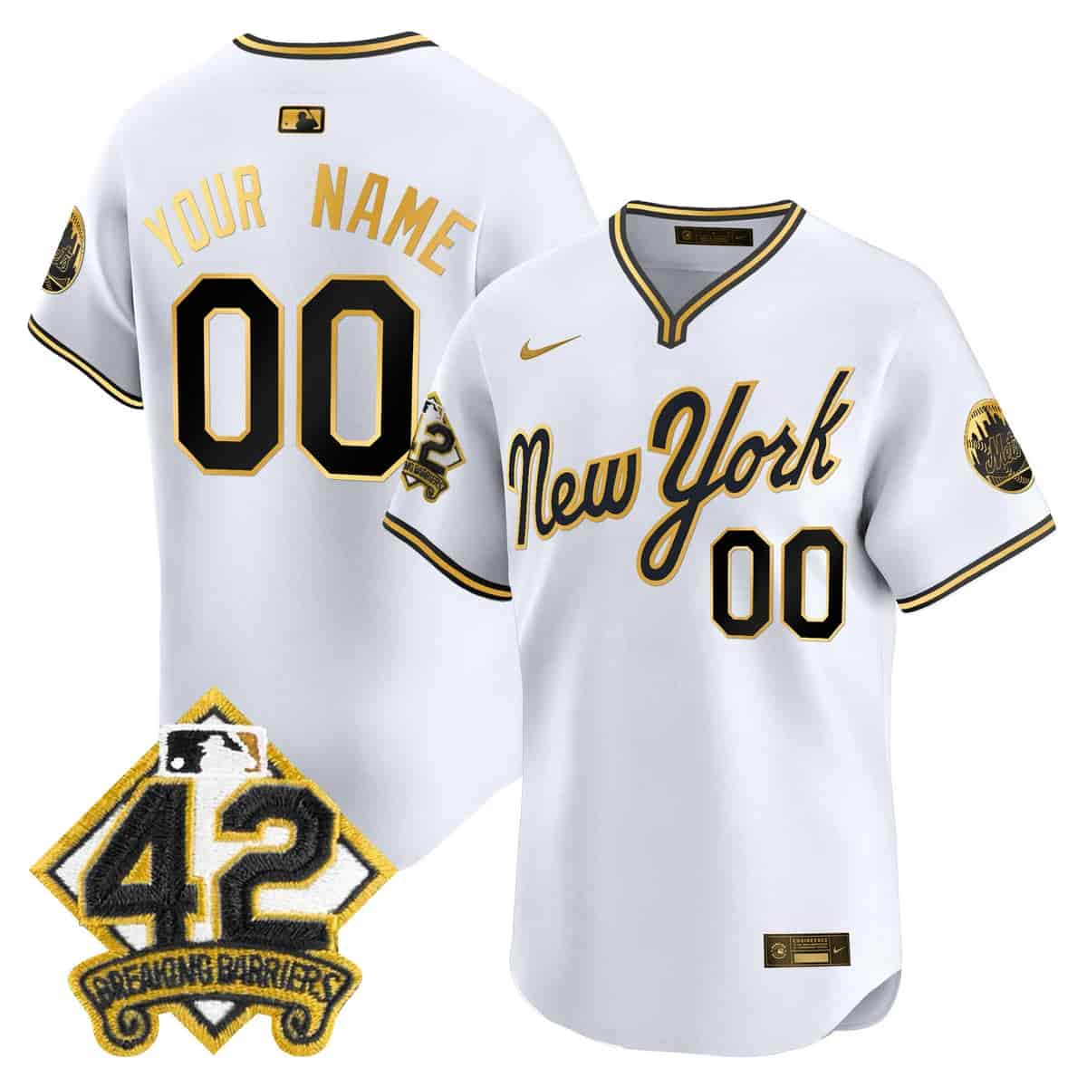 Personalized Custom Men’s New York Mets 2025 Jackie Robinson Patch Road Alternate Jersey All Stitched White Gold