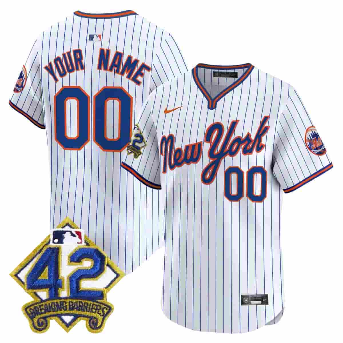 Personalized Custom Men’s New York Mets 2025 Jackie Robinson Patch Road Alternate Jersey All Stitched Pinstripe