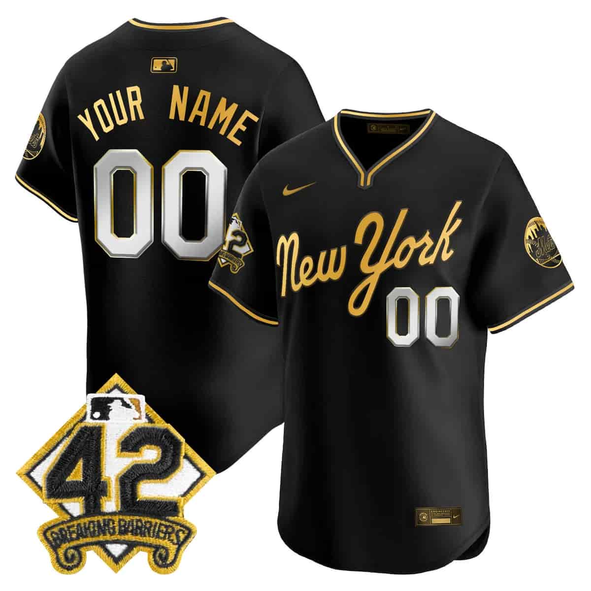 Personalized Custom Men’s New York Mets 2025 Jackie Robinson Patch Road Alternate Jersey All Stitched Black Gold