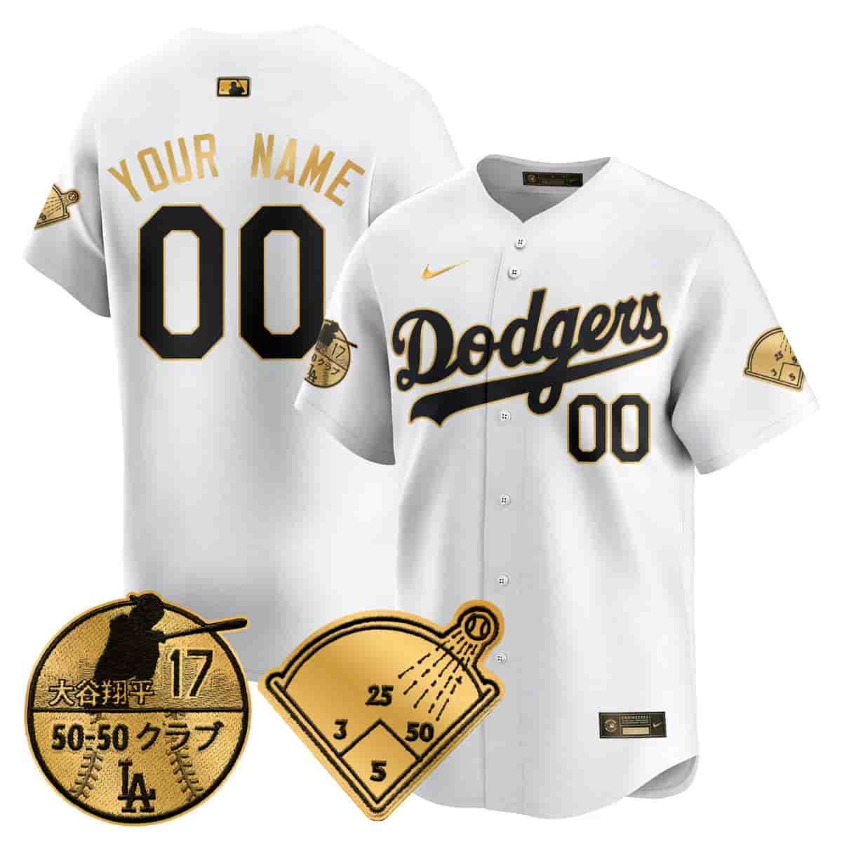 Personalized Custom Men’s Los Angeles Dodgers Limited Jersey Shohei Ohtani Patch All Stitched White Gold