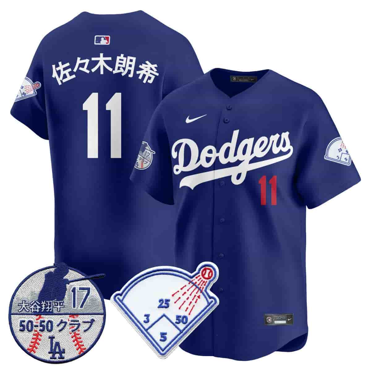 Personalized Men’s Los Angeles Dodgers Limited Jersey Shohei Ohtani Patch All Stitched Roki Sasaki (Kanji ) #11