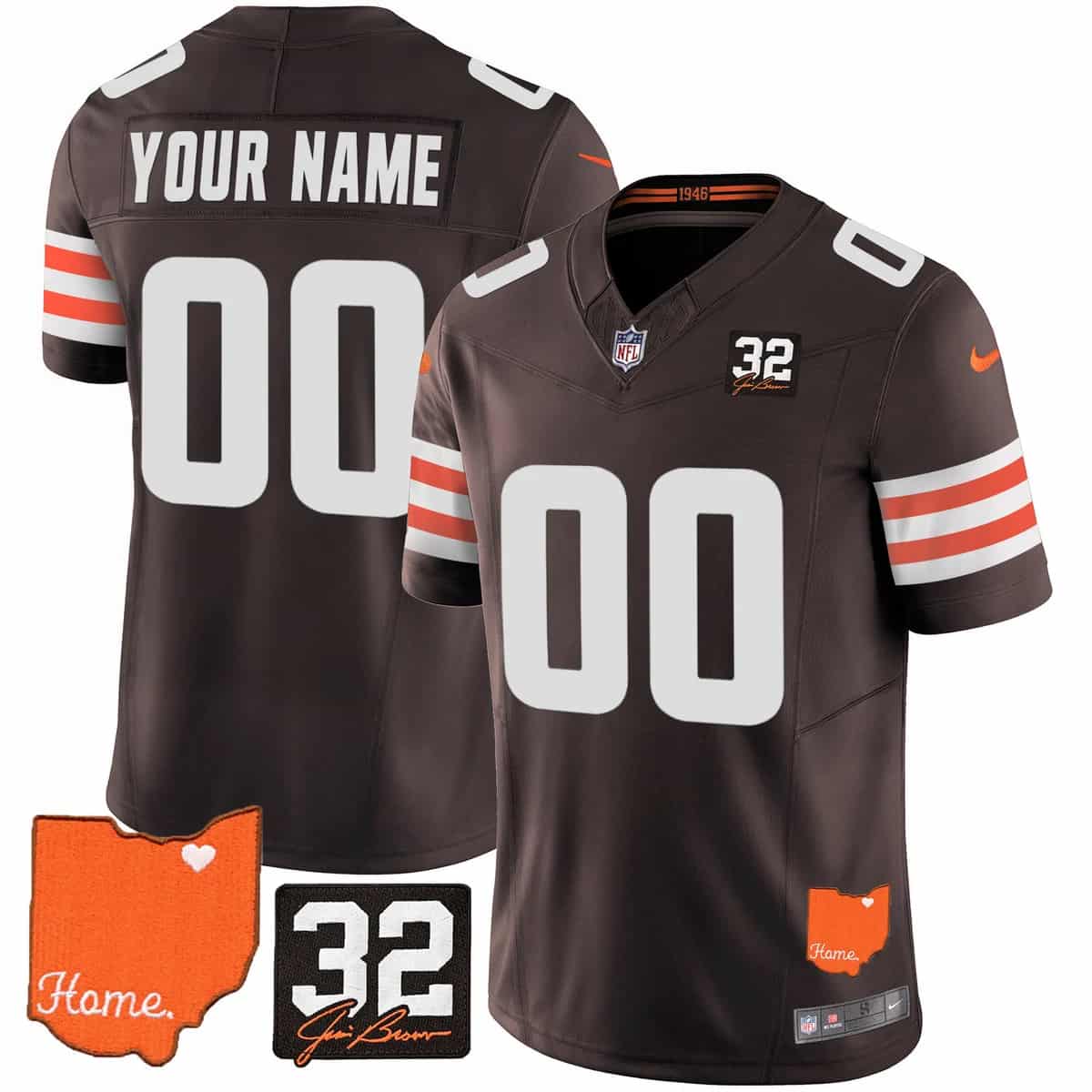 Personalized Custom Men’s Cleveland Browns #32 Jim Brown Memorial & Home Patch Limited Jersey All Stitched Brown