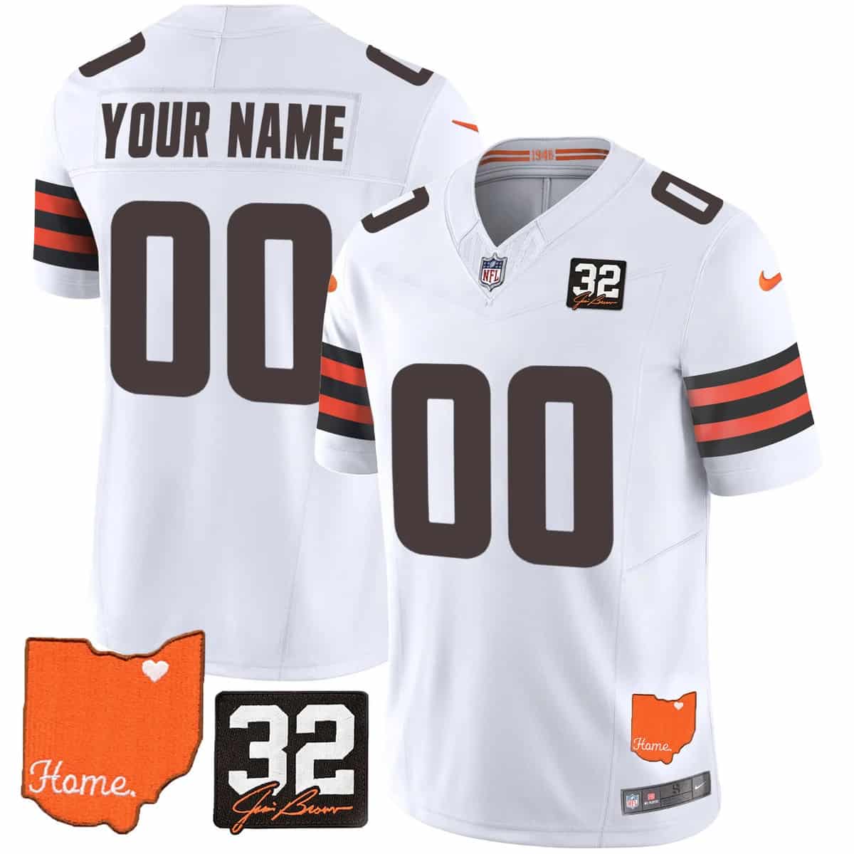 Personalized Custom Men’s Cleveland Browns #32 Jim Brown Memorial & Home Patch Limited Jersey All Stitched White