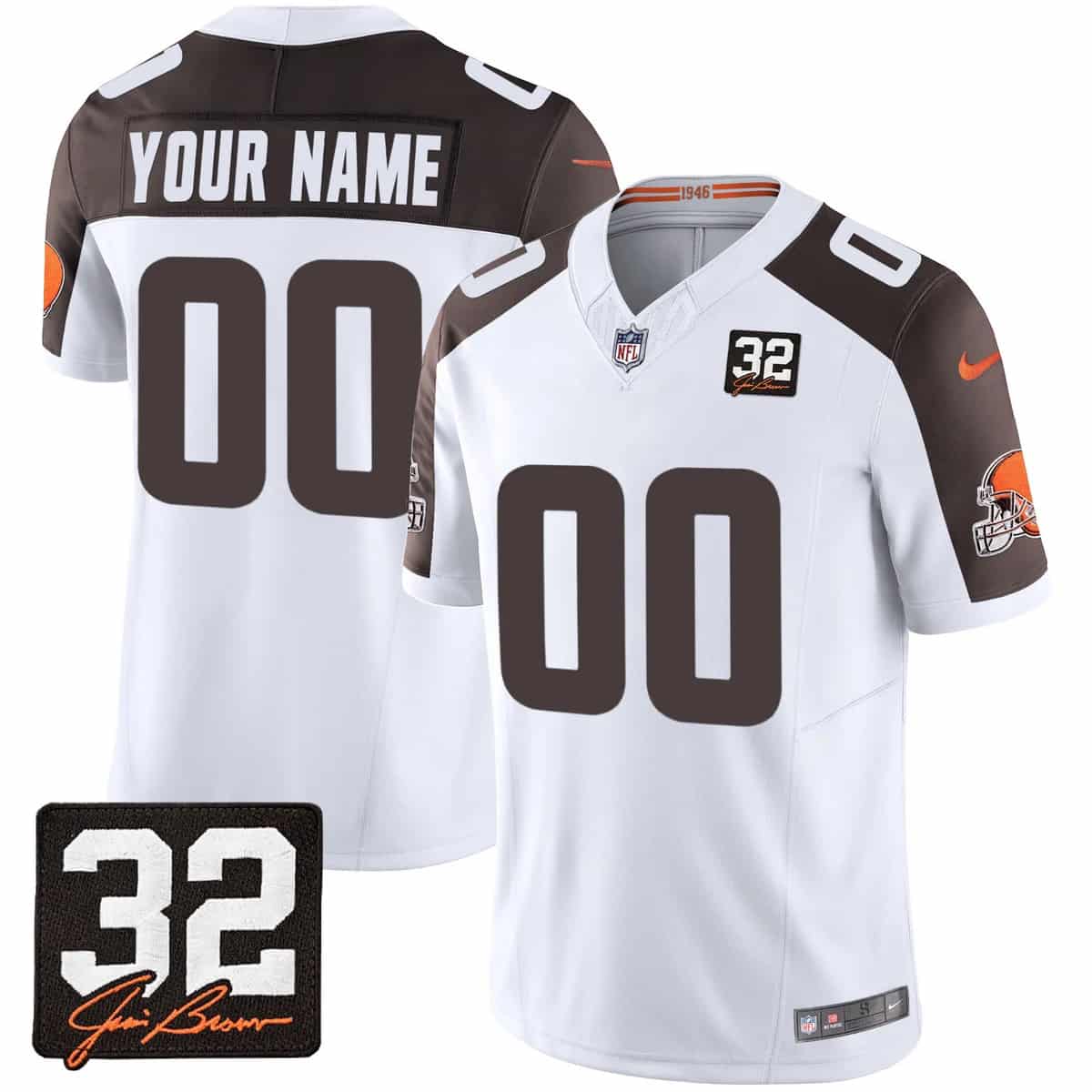 Personalized Custom Men’s Cleveland Browns #32 Jim Brown Memorial & Home Patch Limited Jersey All Stitched Inverted