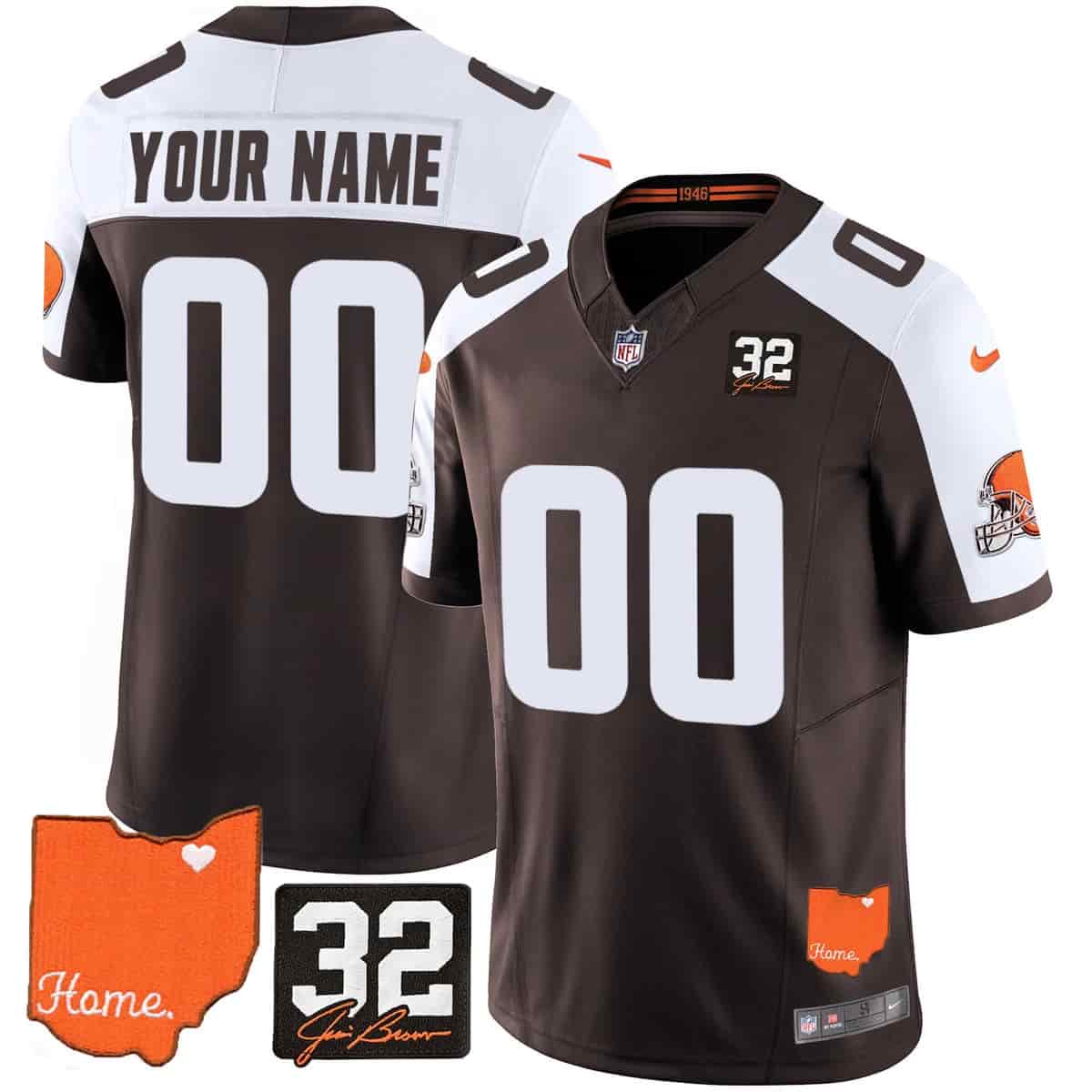 Personalized Custom Men’s Cleveland Browns #32 Jim Brown Memorial & Home Patch Limited Jersey All Stitched Alternate