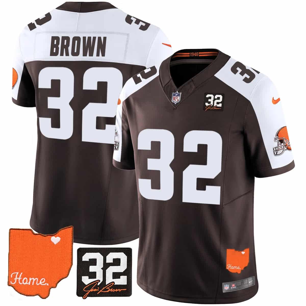 Personalized Men’s Cleveland Browns #32 Jim Brown Memorial & Home Patch Limited Jersey All Stitched Jim Brown