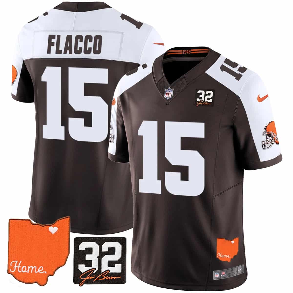 Personalized Men’s Cleveland Browns #32 Jim Brown Memorial & Home Patch Limited Jersey All Stitched Joe Flacco