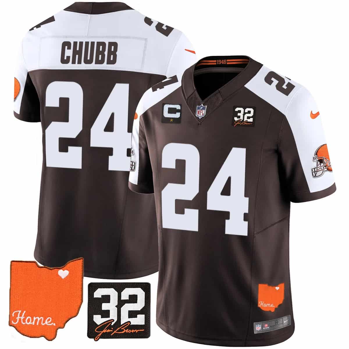 Personalized Men’s Cleveland Browns #32 Jim Brown Memorial & Home Patch Limited Jersey All Stitched Nick Chubb
