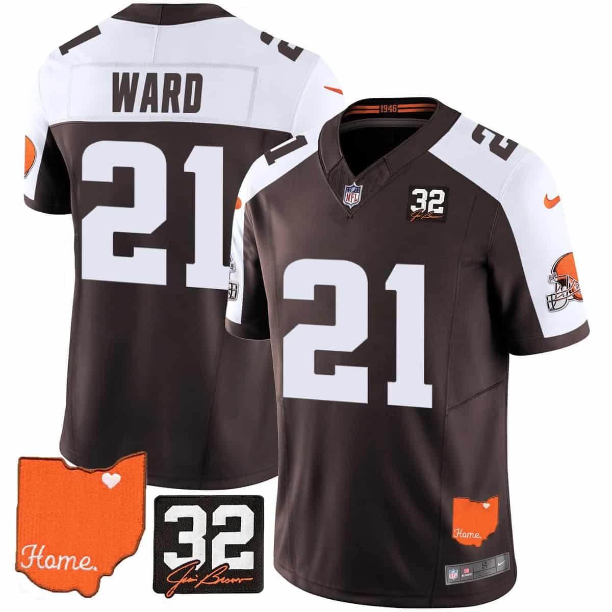 Personalized Men’s Cleveland Browns #32 Jim Brown Memorial & Home Patch Limited Jersey All Stitched Denzel Ward