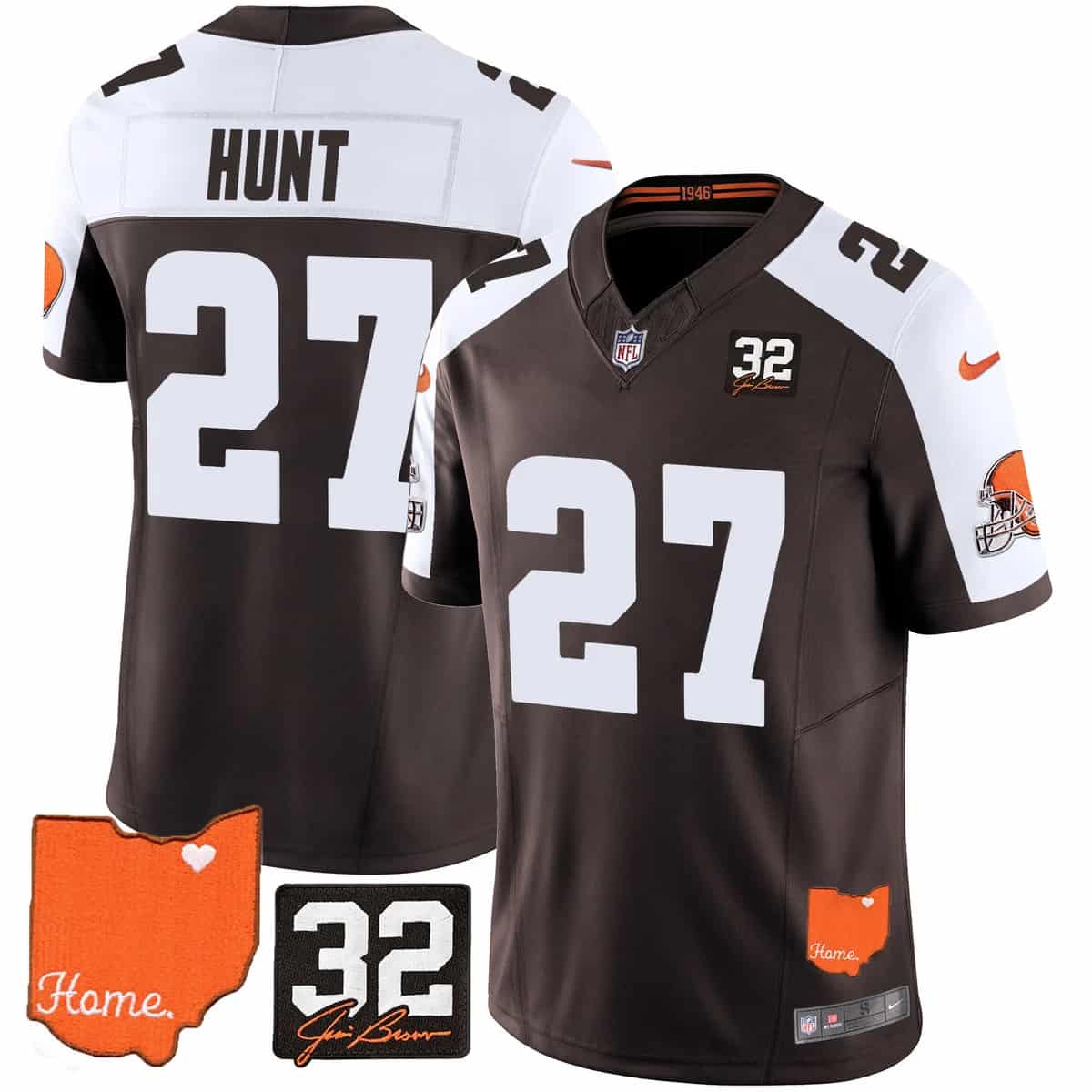 Personalized Men’s Cleveland Browns #32 Jim Brown Memorial & Home Patch Limited Jersey All Stitched Kareem Hunt
