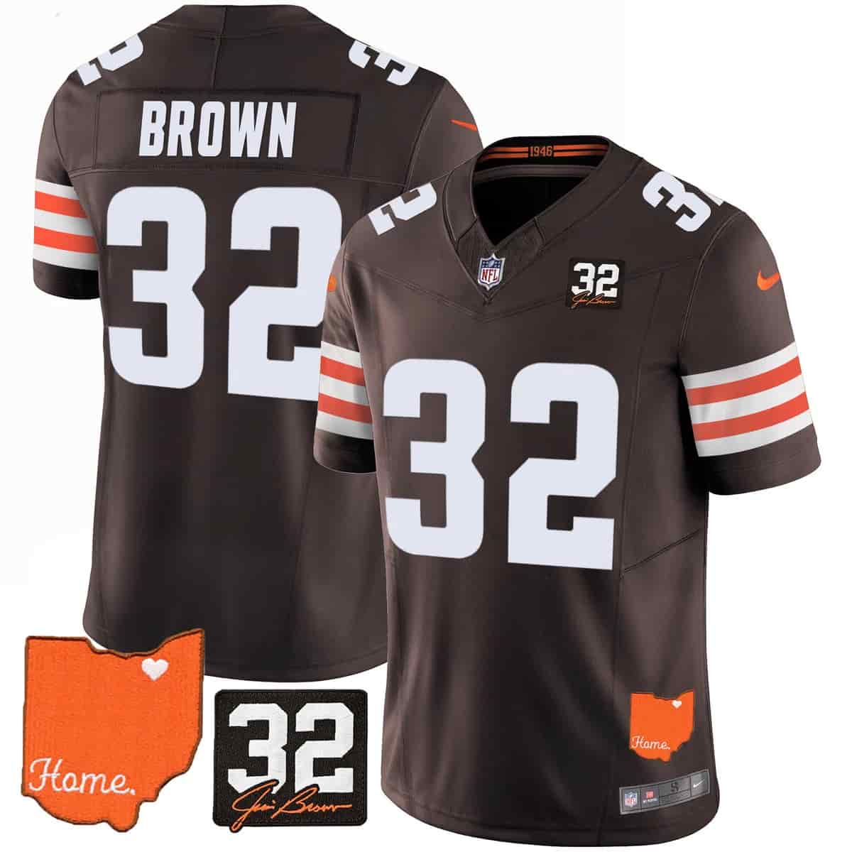 Personalized Men’s Cleveland Browns #32 Jim Brown Memorial & Home Patch Limited Jersey All Stitched Jim Brown 32