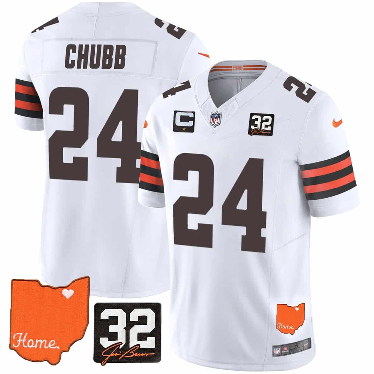 Personalized Men’s Cleveland Browns #32 Jim Brown Memorial & Home Patch Limited Jersey All Stitched Nick Chubb