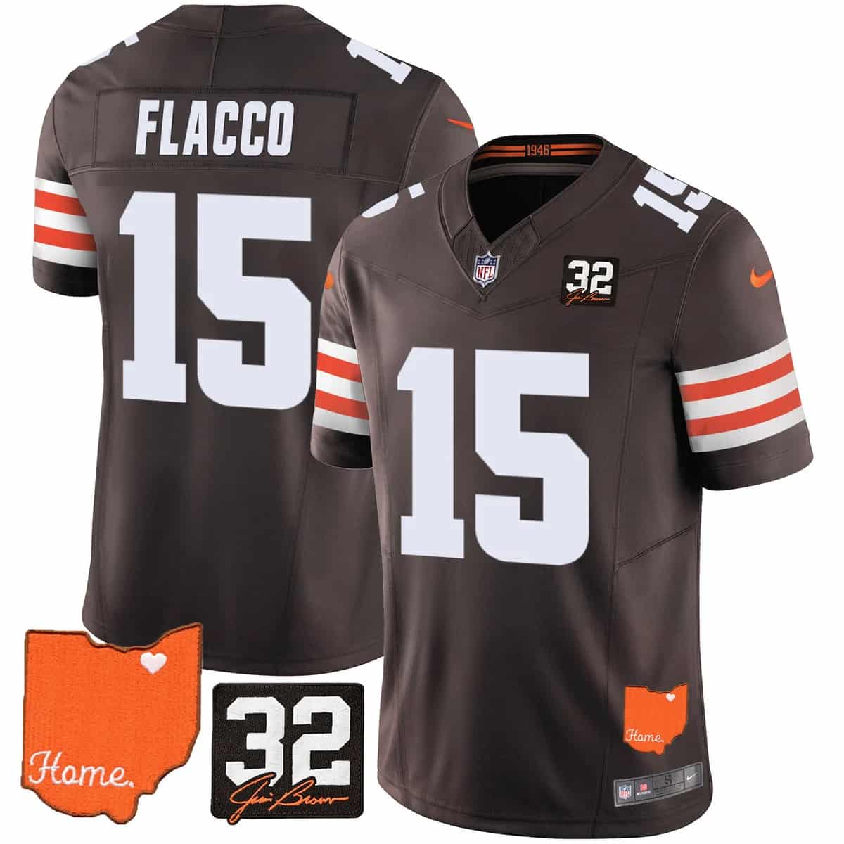 Personalized Men’s Cleveland Browns #32 Jim Brown Memorial & Home Patch Limited Jersey All Stitched Joe Flacco 15