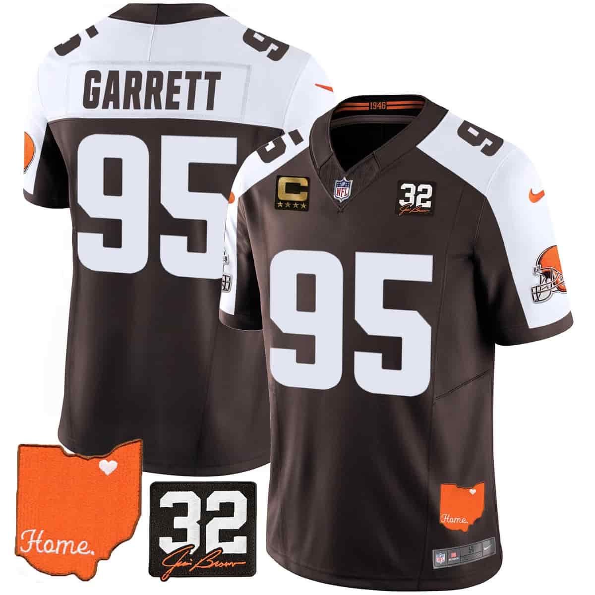 Personalized Men’s Cleveland Browns #32 Jim Brown Memorial & Home Patch Limited Jersey All Stitched Myles Garrett
