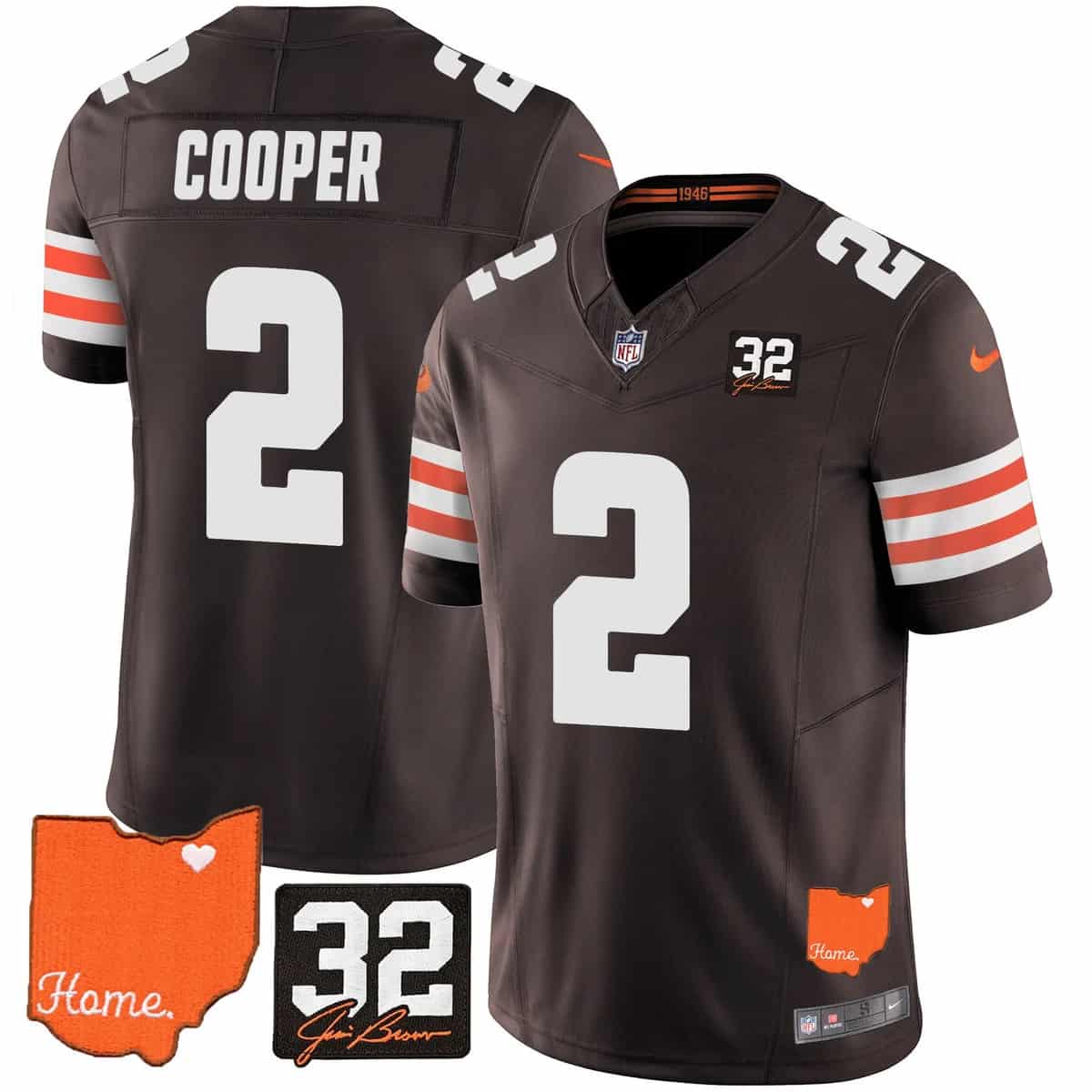 Personalized Men’s Cleveland Browns #32 Jim Brown Memorial & Home Patch Limited Jersey All Stitched Amari Cooper 2