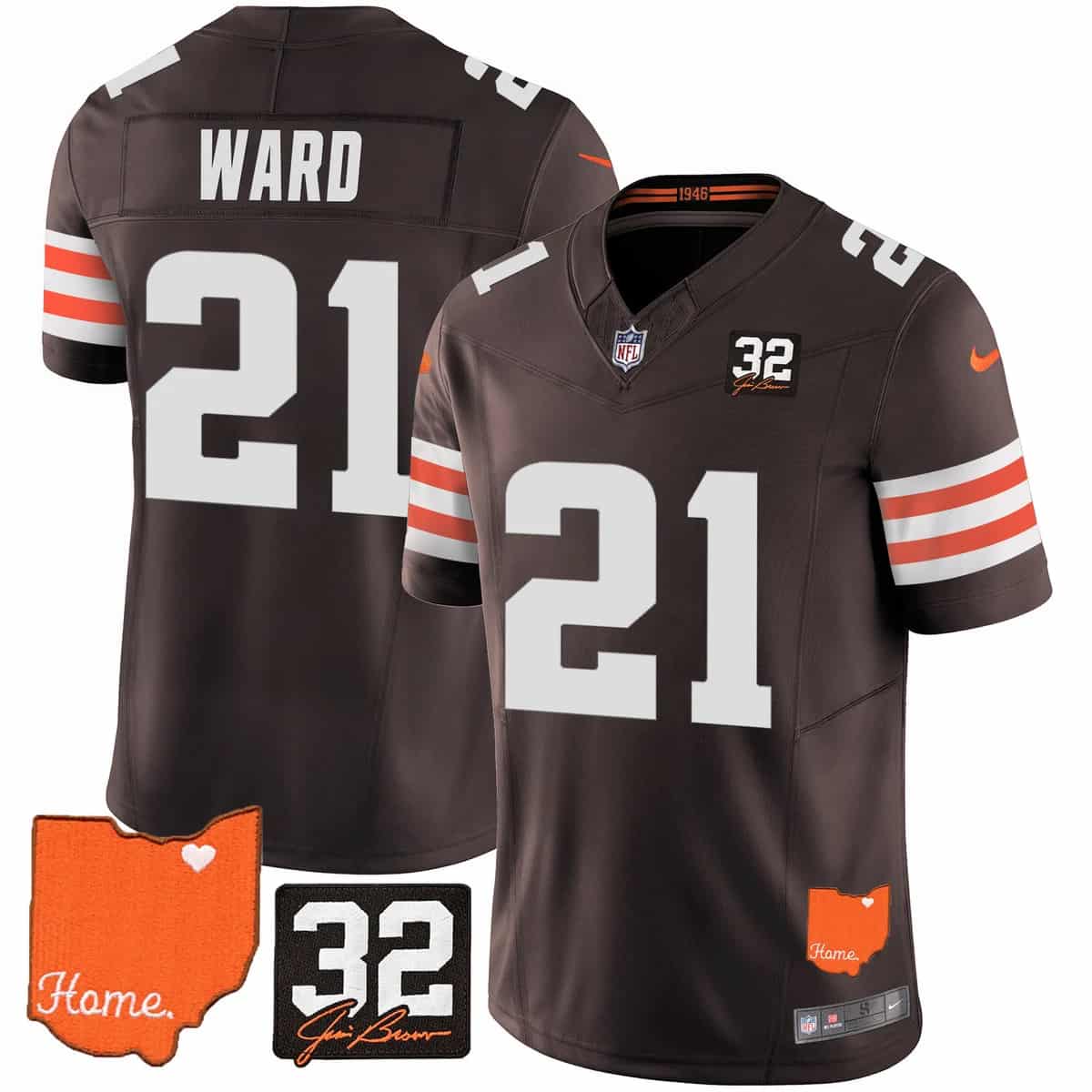 Personalized Men’s Cleveland Browns #32 Jim Brown Memorial & Home Patch Limited Jersey All Stitched Denzel Ward 21