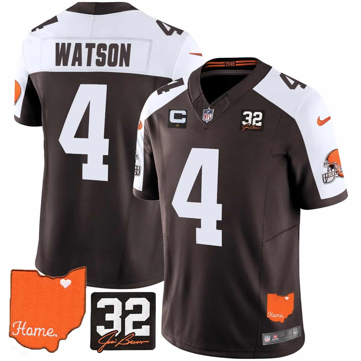 Personalized Men’s Cleveland Browns #32 Jim Brown Memorial & Home Patch Limited Jersey All Stitched Deshaun Watson