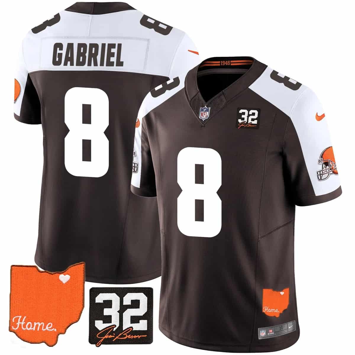 Personalized Men’s Cleveland Browns #32 Jim Brown Memorial & Home Patch Limited Jersey All Stitched Dillon Gabriel