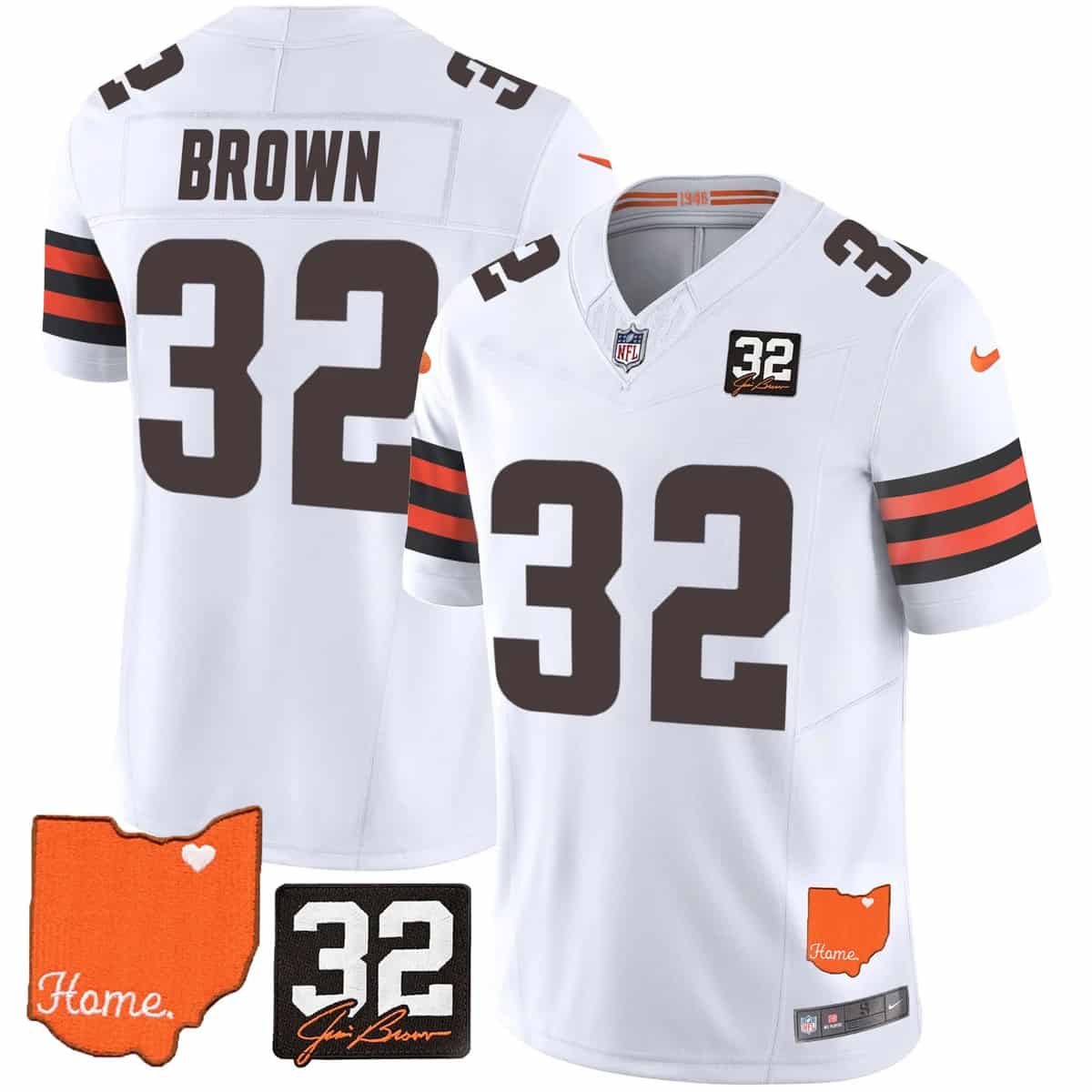 Personalized Men’s Cleveland Browns #32 Jim Brown Memorial & Home Patch Limited Jersey All Stitched Jim Brown 32