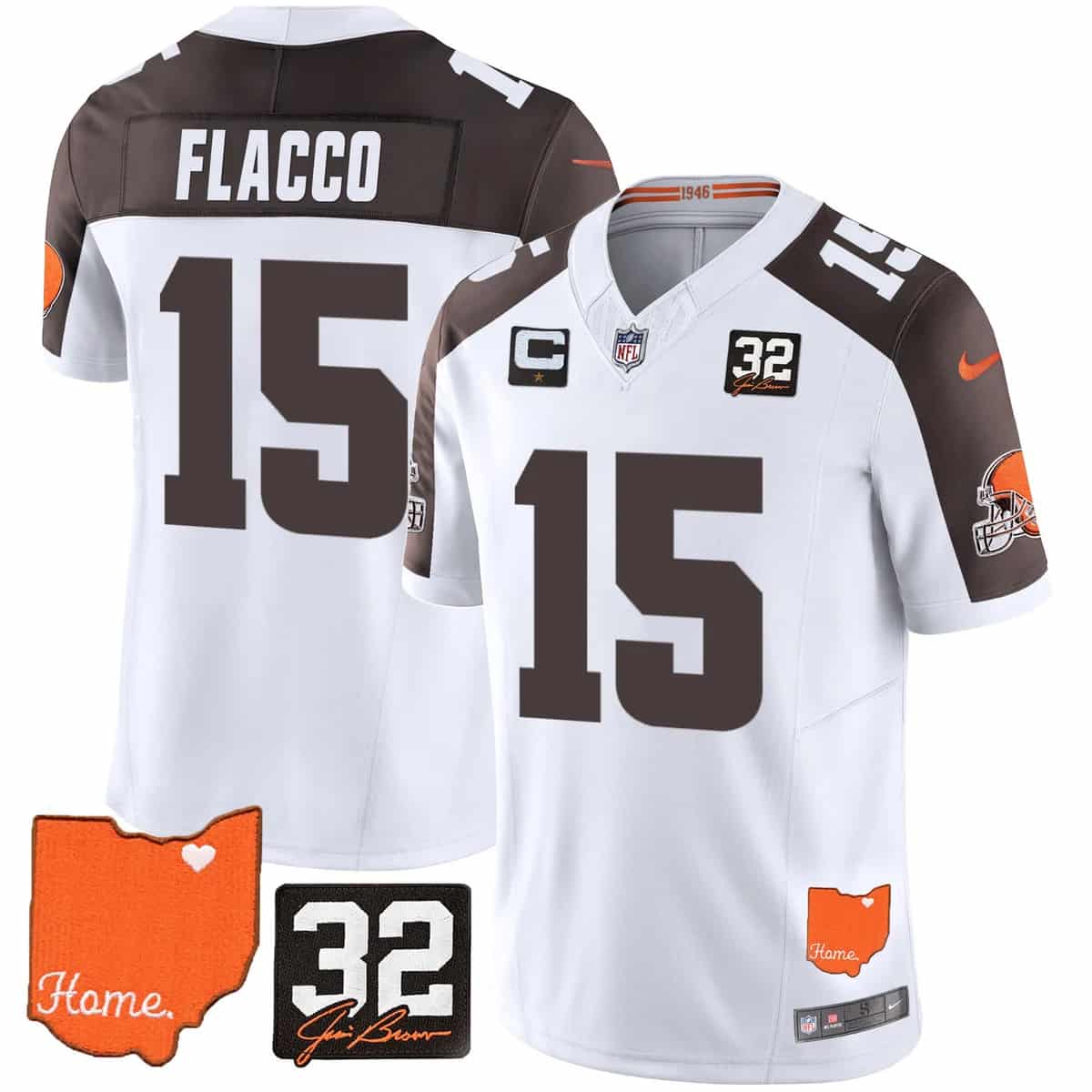Personalized Men’s Cleveland Browns #32 Jim Brown Memorial & Home Patch Limited Jersey All Stitched Joe Flacco #15