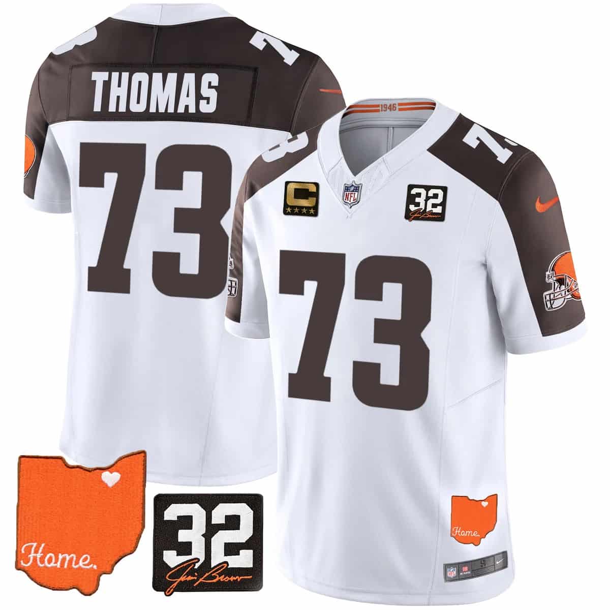 Personalized Men’s Cleveland Browns #32 Jim Brown Memorial & Home Patch Limited Jersey All Stitched Joe Thomas #73