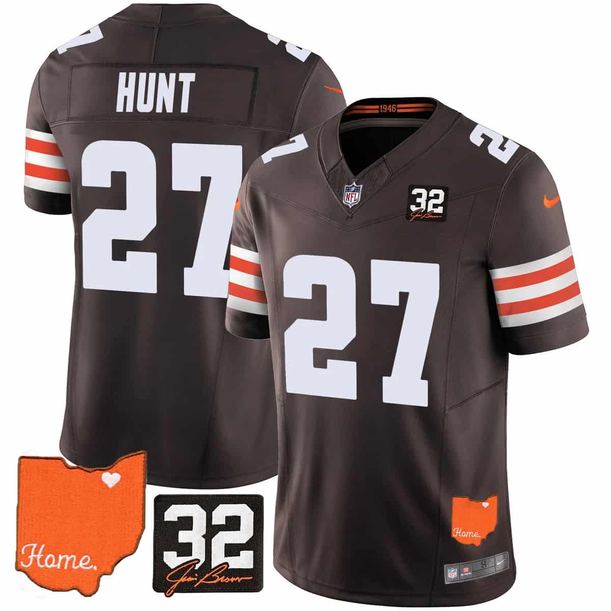 Personalized Men’s Cleveland Browns #32 Jim Brown Memorial & Home Patch Limited Jersey All Stitched Kareem Hunt 27