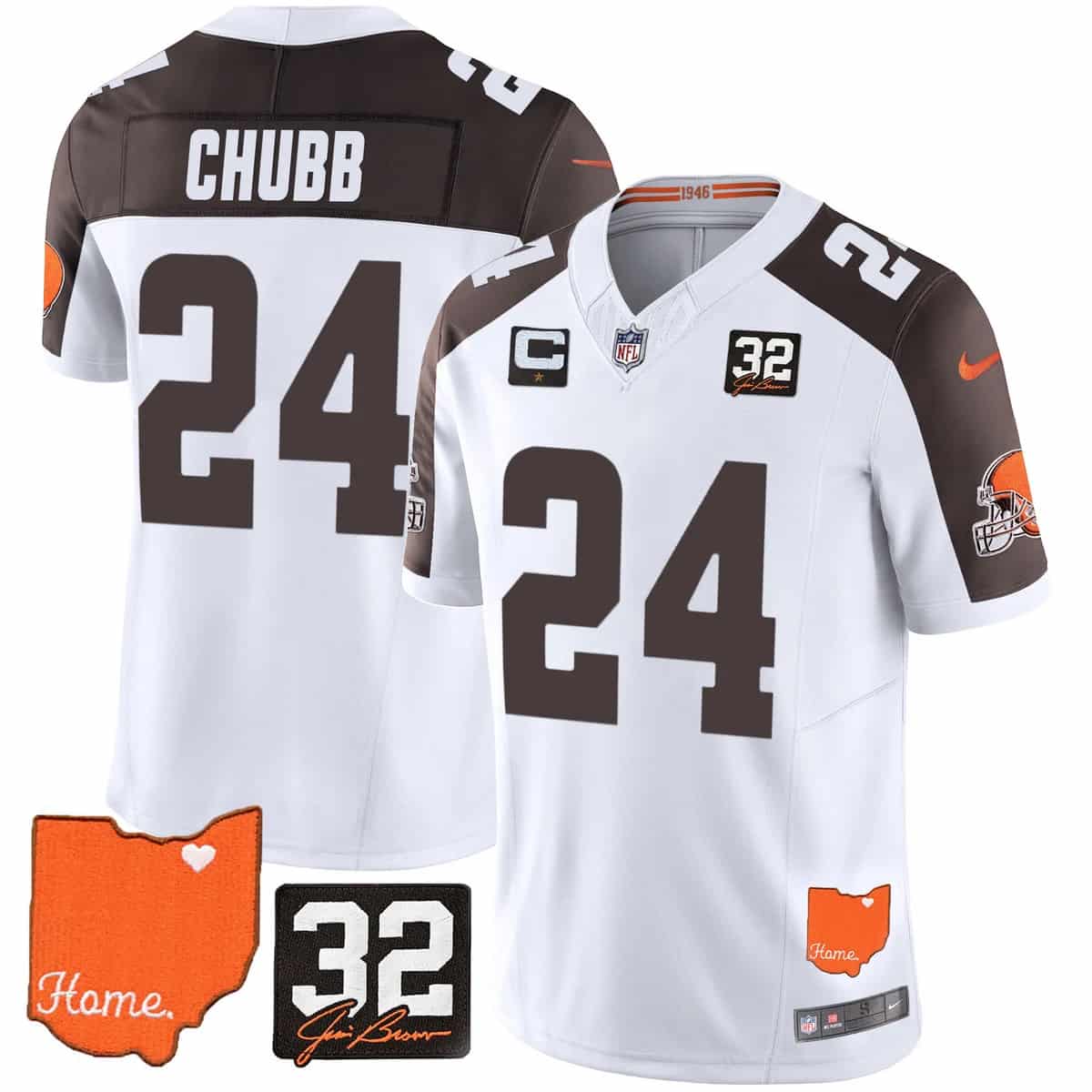 Personalized Men’s Cleveland Browns #32 Jim Brown Memorial & Home Patch Limited Jersey All Stitched Nick Chubb #24