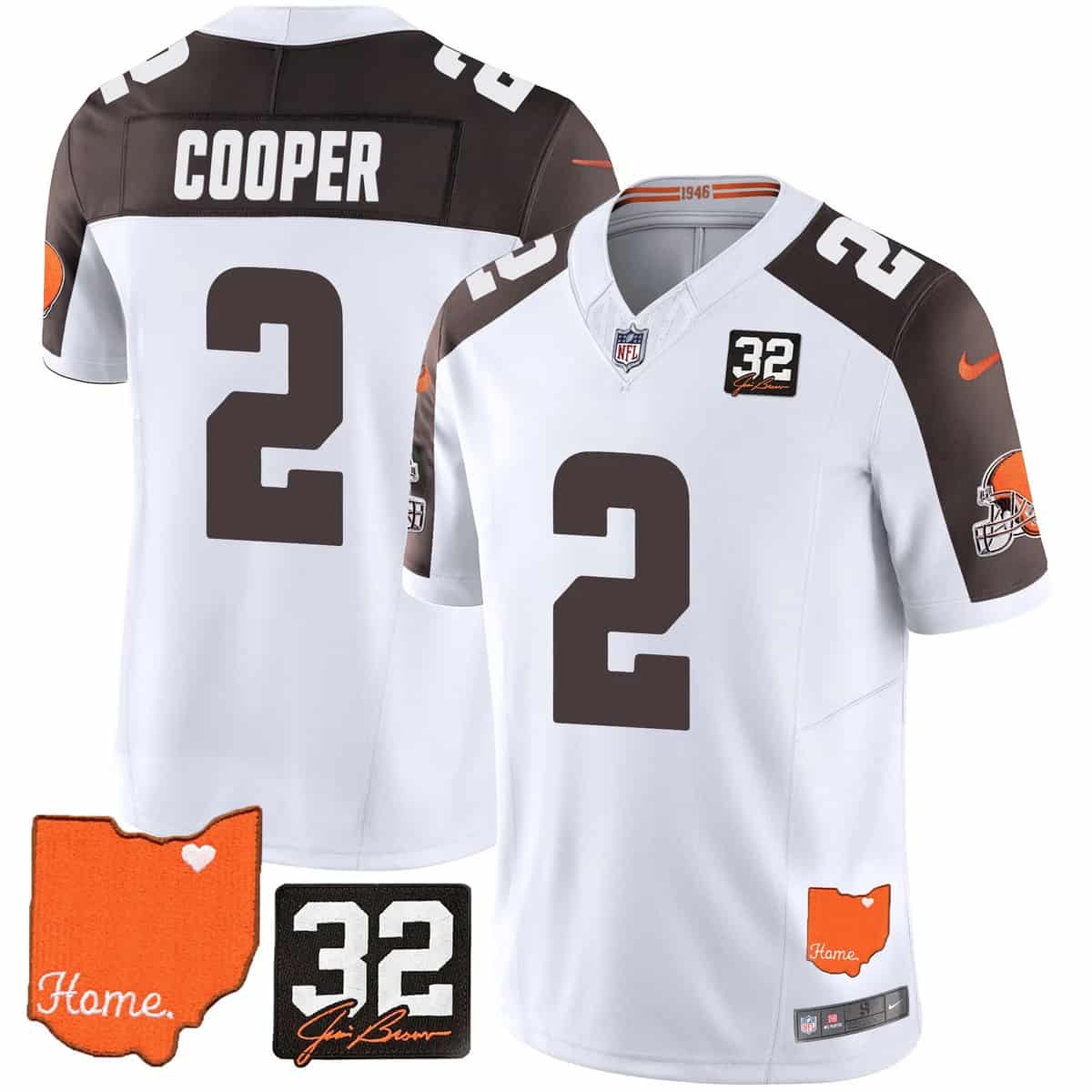 Personalized Men’s Cleveland Browns #32 Jim Brown Memorial & Home Patch Limited Jersey All Stitched Amari Cooper #2