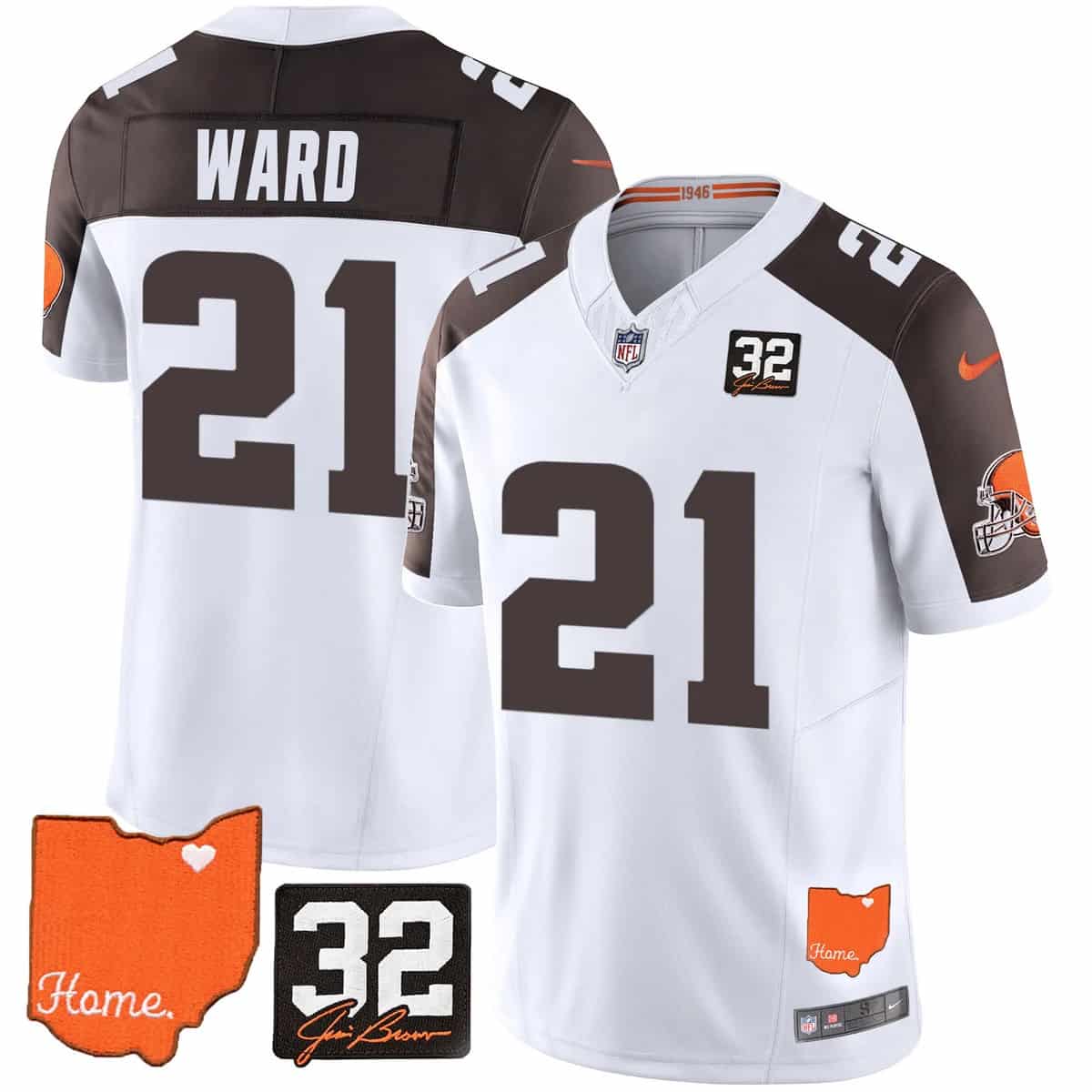 Personalized Men’s Cleveland Browns #32 Jim Brown Memorial & Home Patch Limited Jersey All Stitched Denzel Ward #21