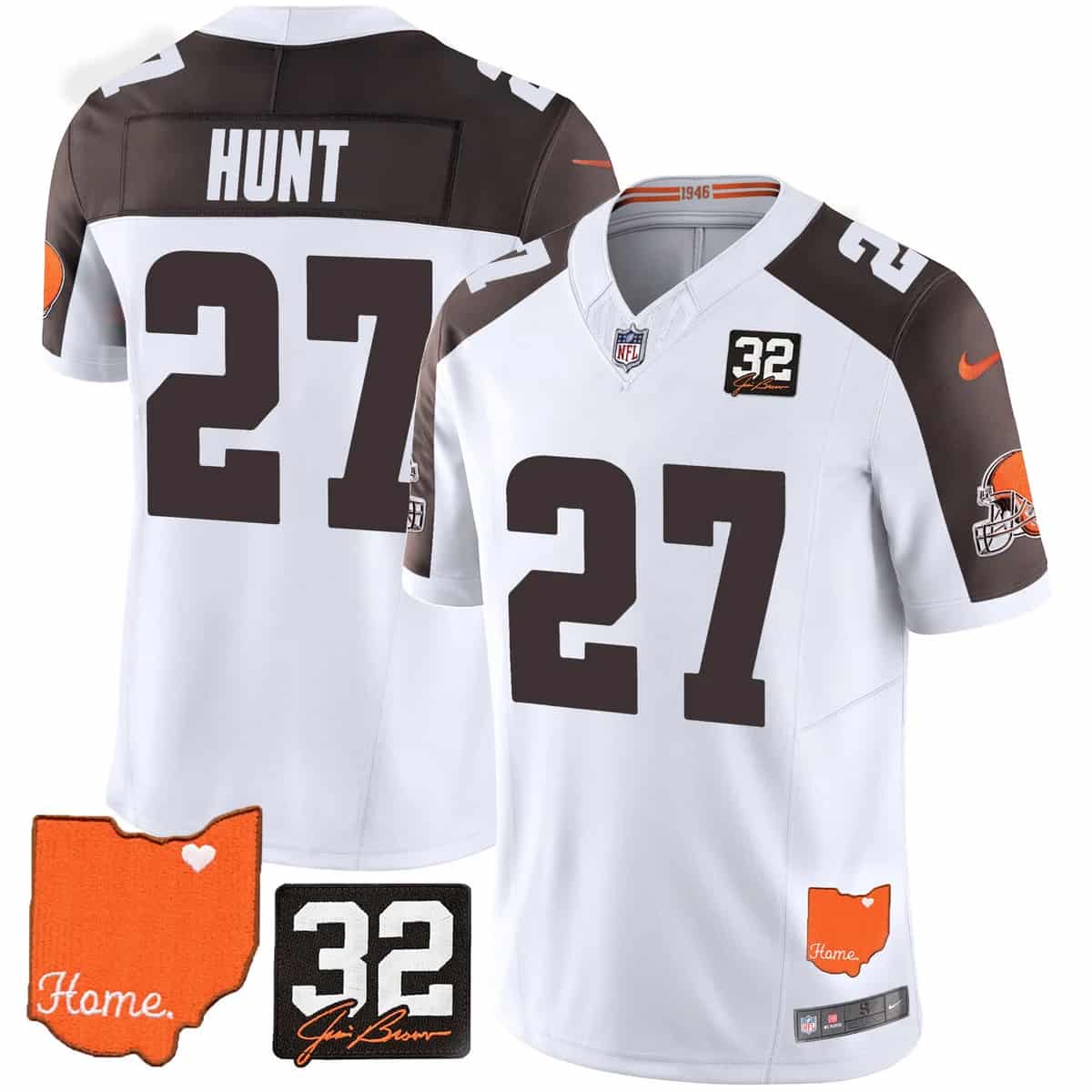 Personalized Men’s Cleveland Browns #32 Jim Brown Memorial & Home Patch Limited Jersey All Stitched Kareem Hunt #27