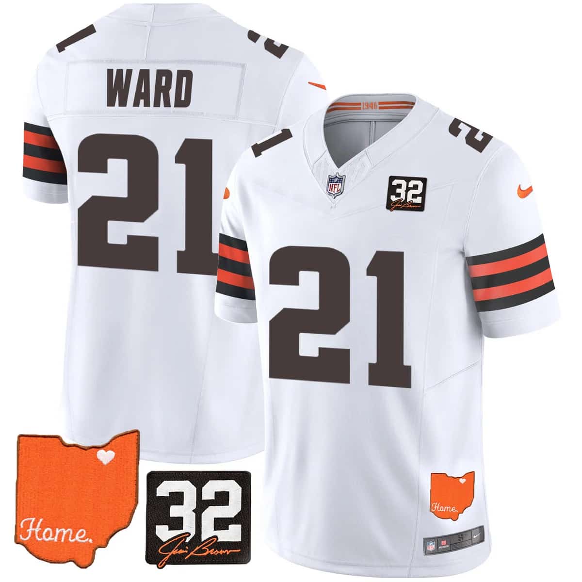 Personalized Men’s Cleveland Browns #32 Jim Brown Memorial & Home Patch Limited Jersey All Stitched Denzel Ward 21